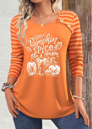 Modlily Terracotta Patchwork Halloween Print Long Sleeve T Shirt