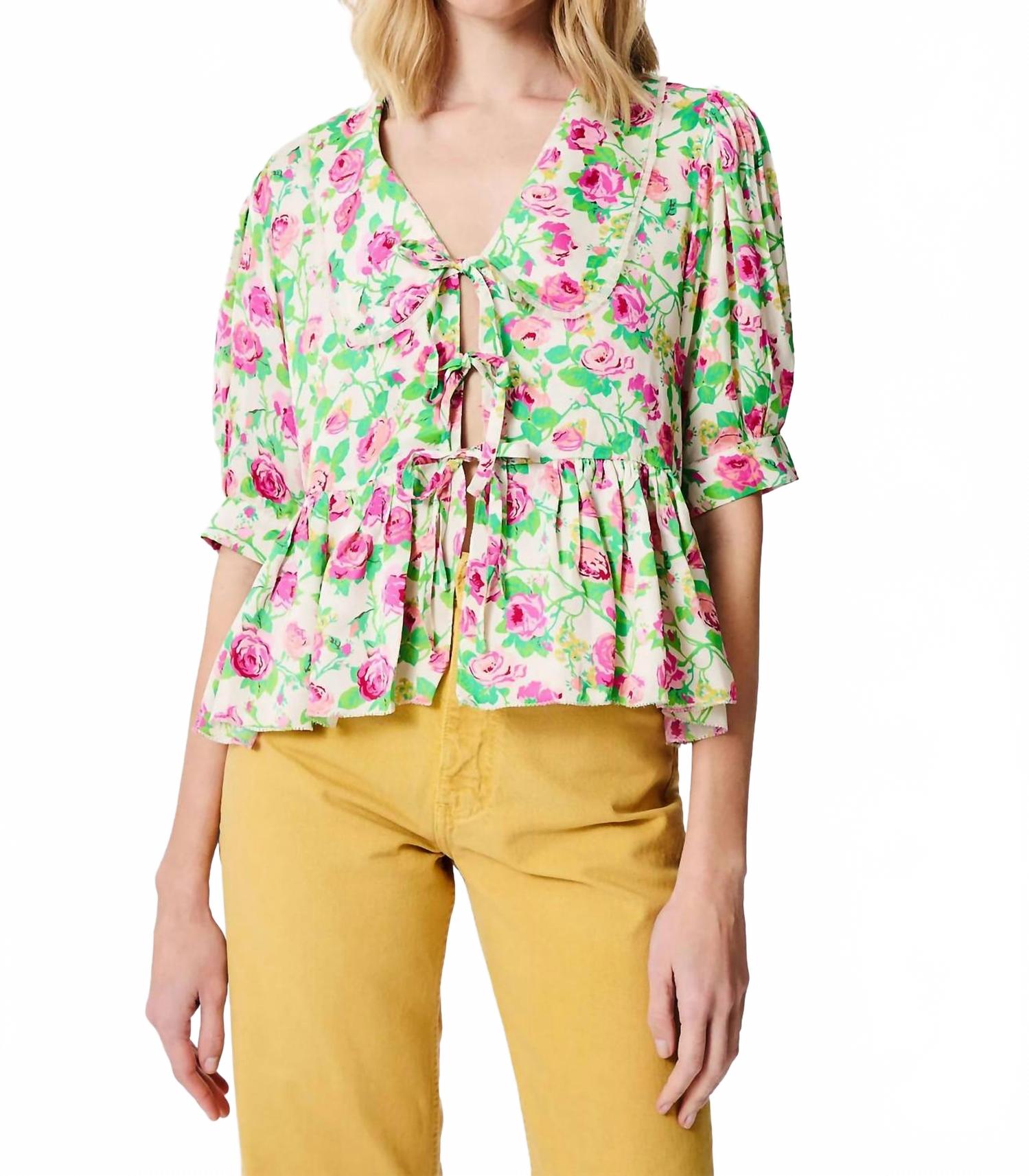 Rose Print Peplum Blouse In Pink