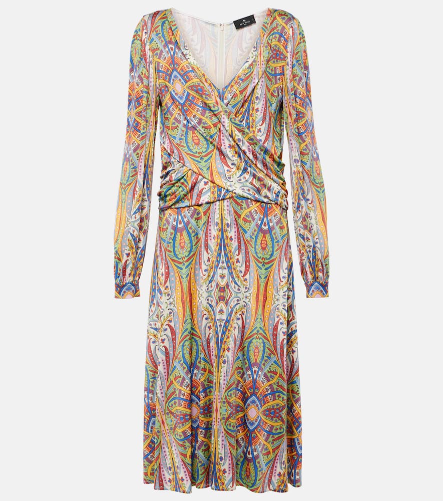 Printed gathered jersey midi dress
