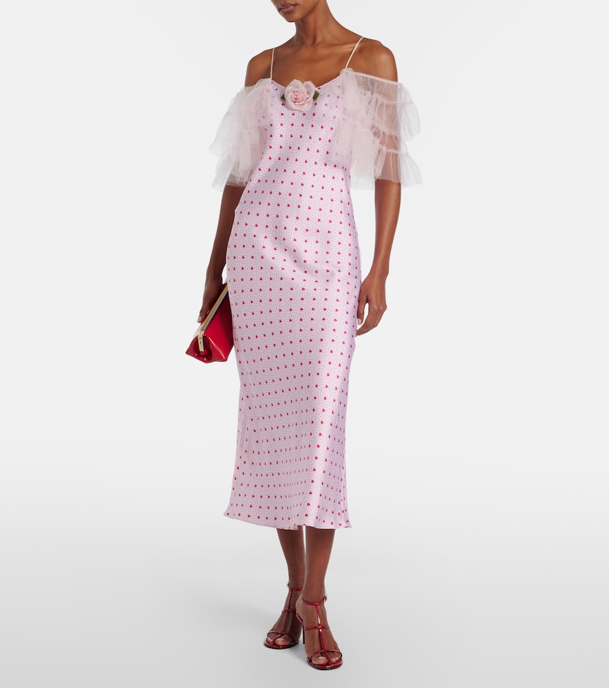 Floral-appliqué printed silk slip dress
