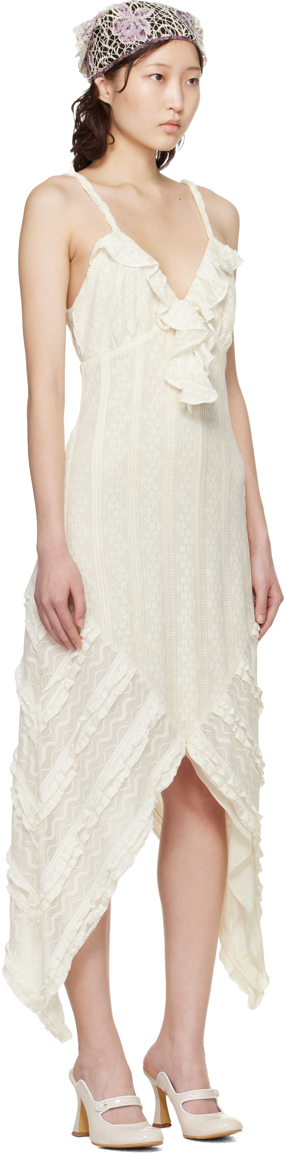 Off-White Floral Ruffle Stretch Lace Handkerchief Midi Dress