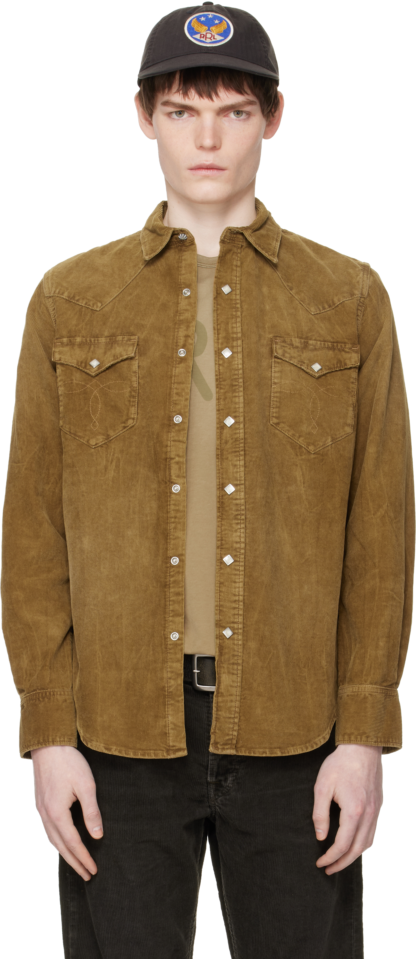 Tan Slim Fit Corduroy Western Shirt