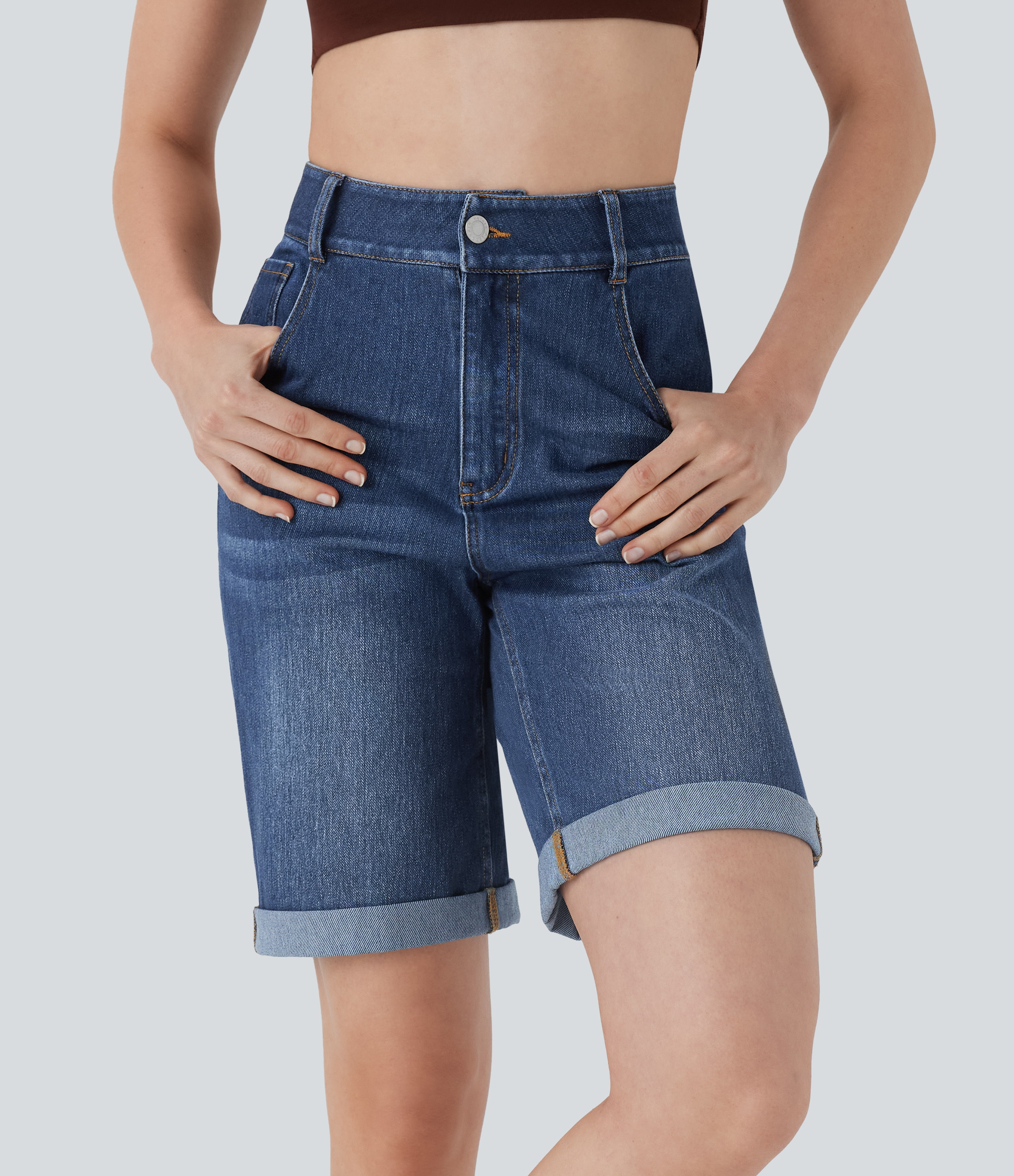 Flex™ High Waisted Pockets Rolled Hem Washed Denim Casual Bermuda Shorts  - Inkling  Blue Denim