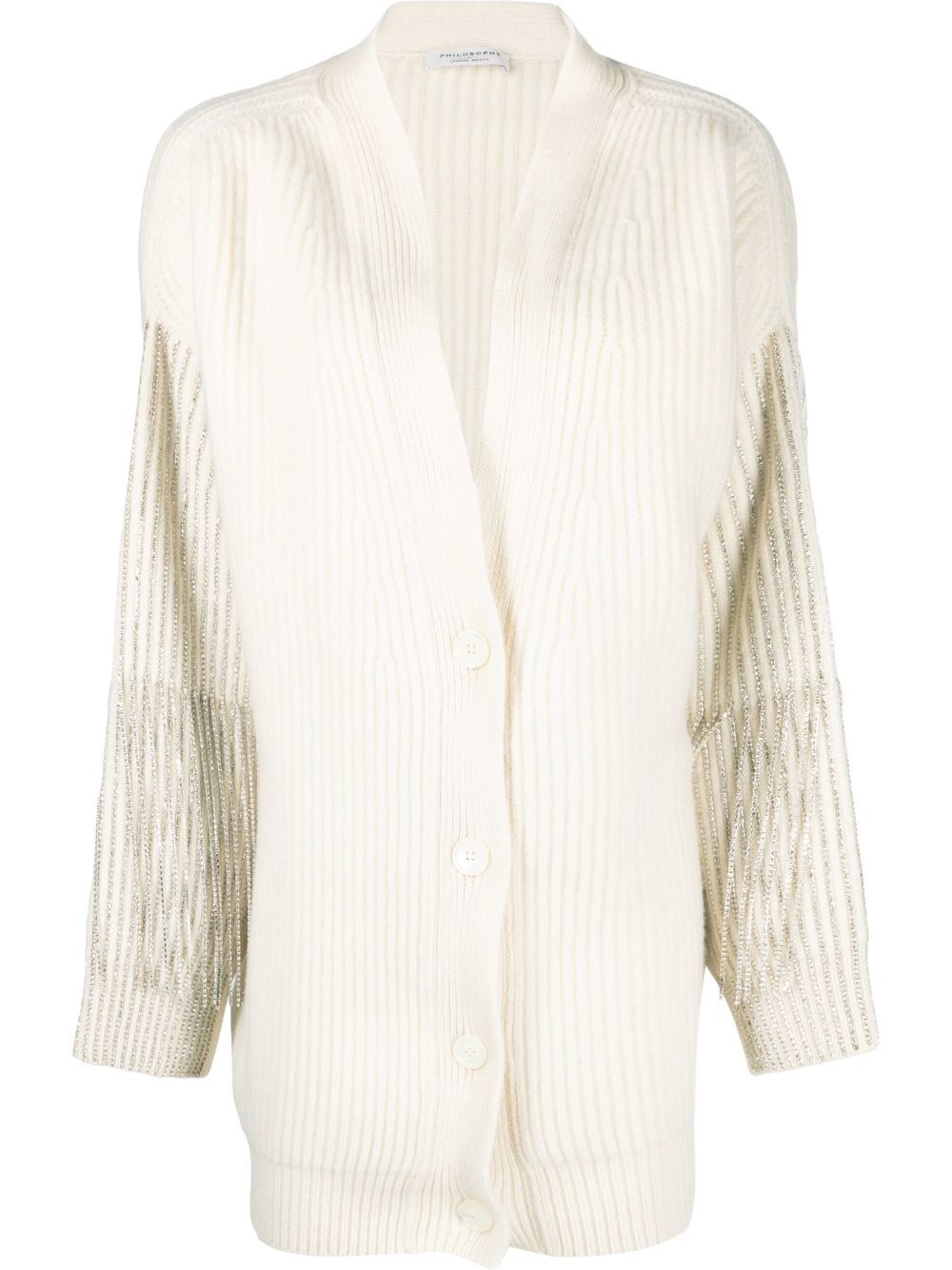 Sequin-embellished ribbed knit cardigan - Neutrals
