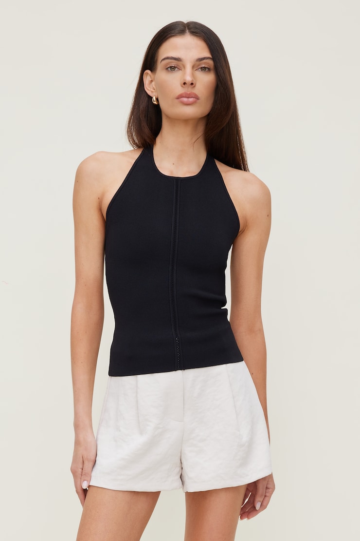 Halter Sweater Tank Top - Black - Women Clothing