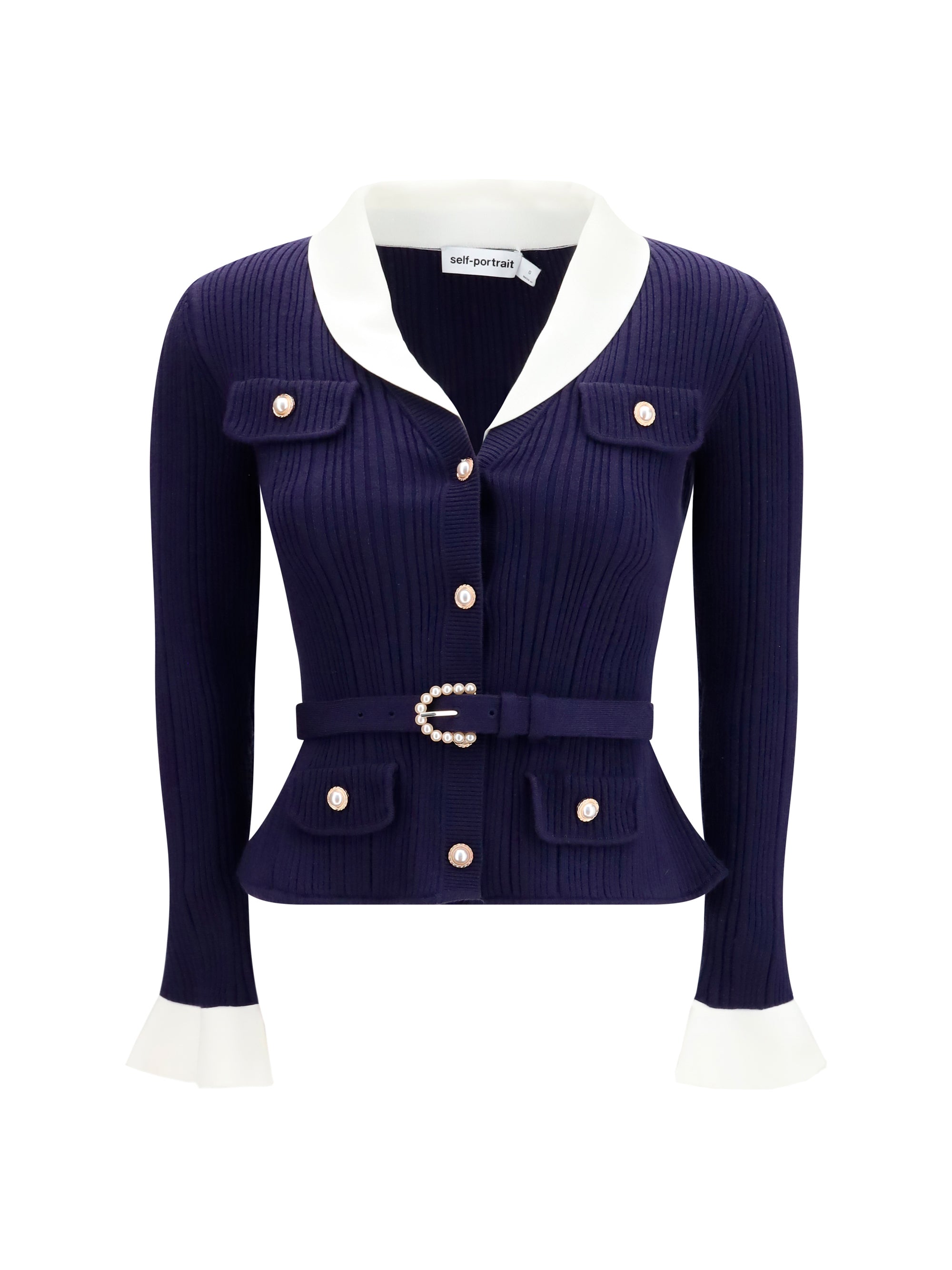 Ribbed Knit with Contrasting Collar Cardigan — Navy