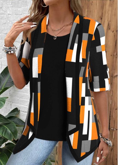Modlily Black Geometric Print Half Sleeve Fake Two Piece Twinset