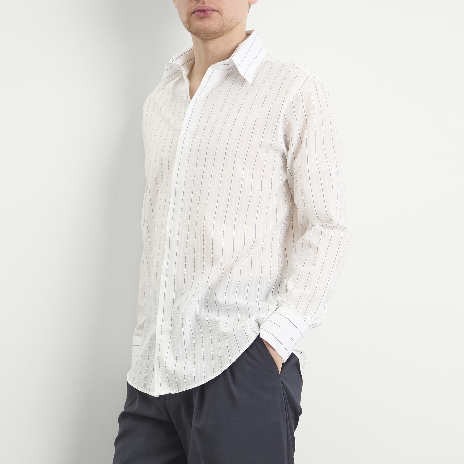 Men's Business Shirt in White/Blue Stripe