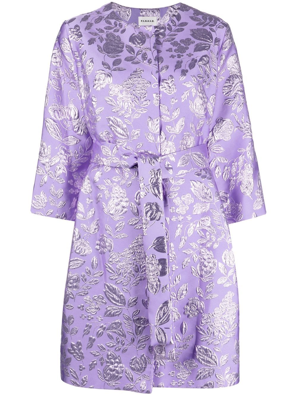 Floral metallic-jacquard belted coat - Purple