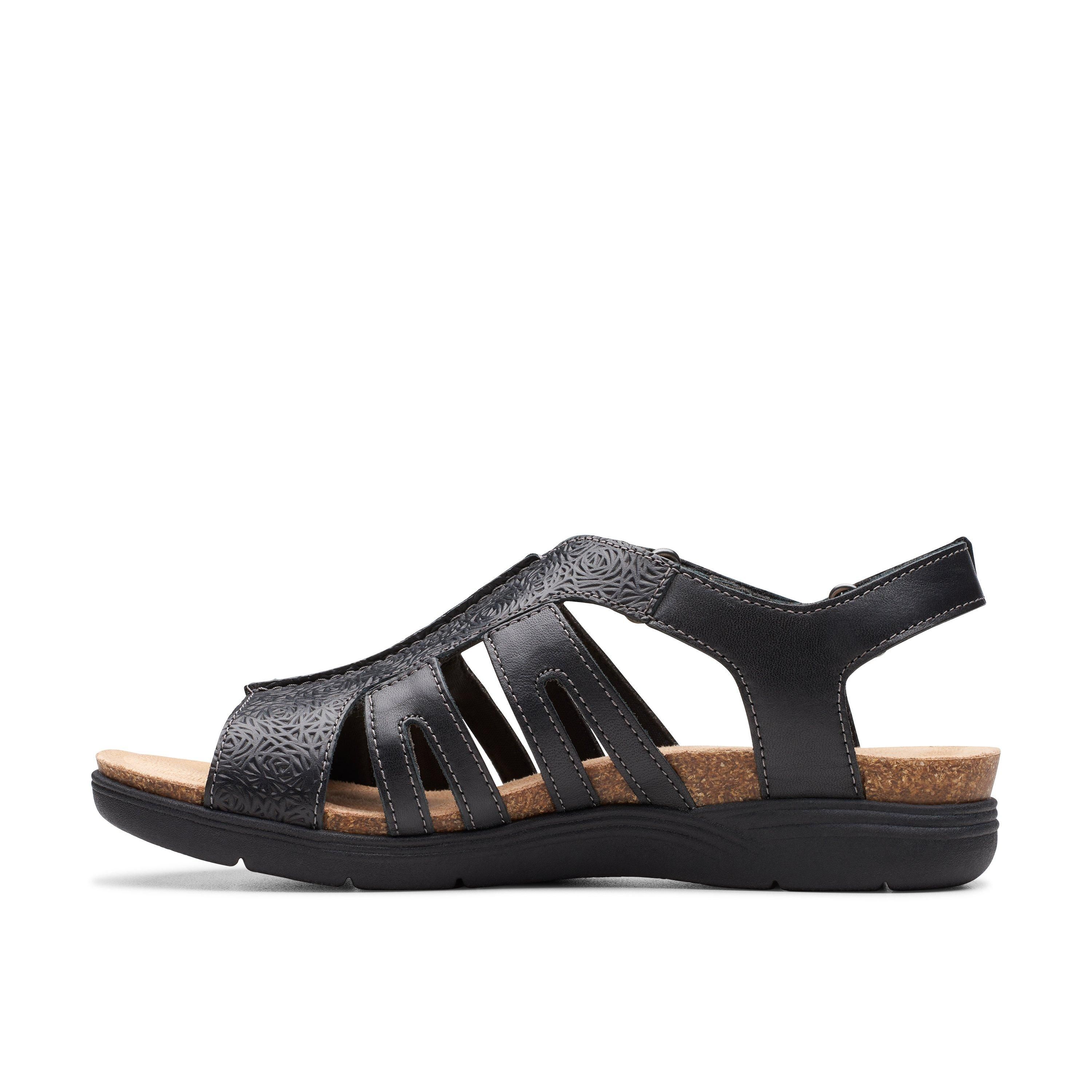 Clarks April Belle Black Leather Flat Sanda