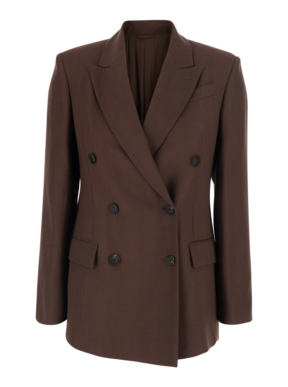 Double-Breasted Viscose-Linen Blend Blazer — Brown