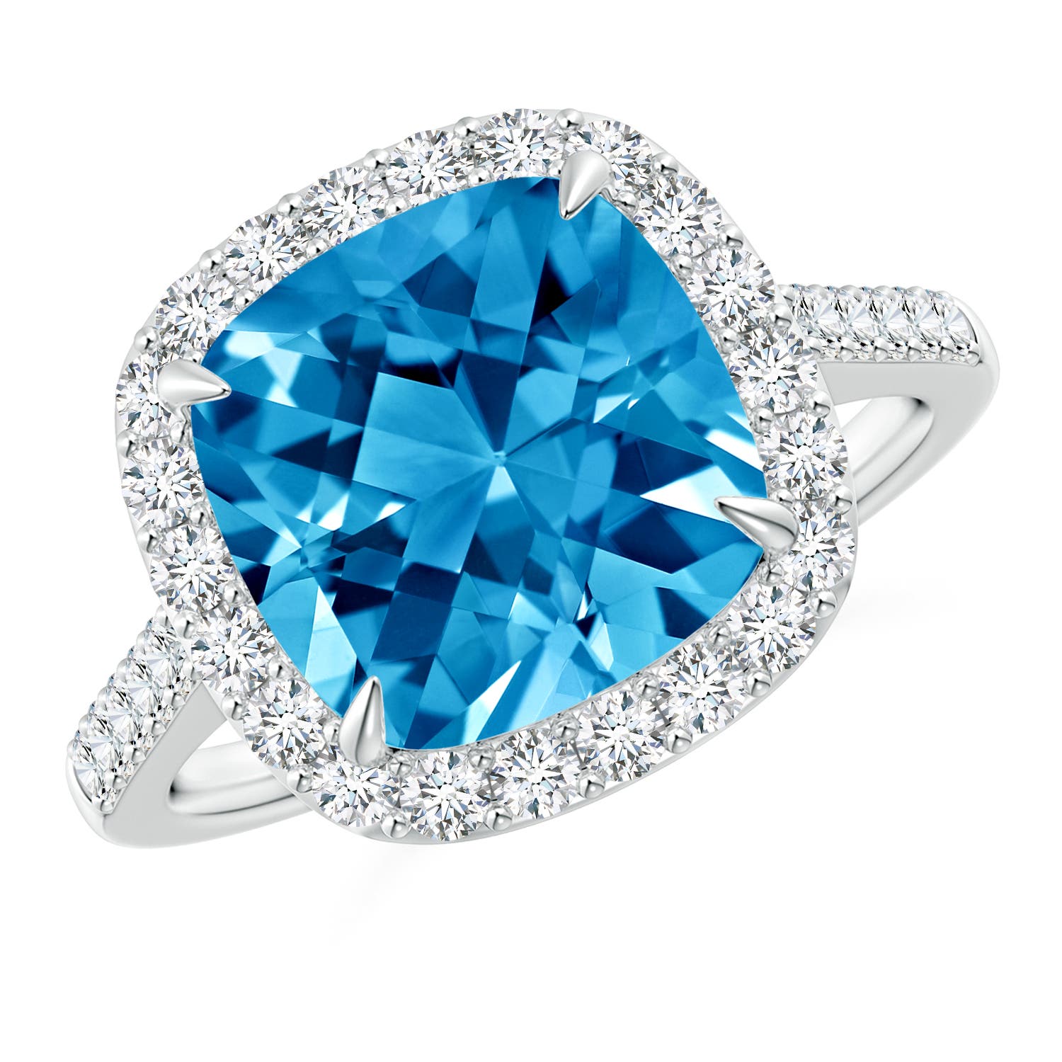 Angara 4.4 Carats Claw-Set Cushion Swiss Blue Topaz and Diamond Halo Ring in Platinum