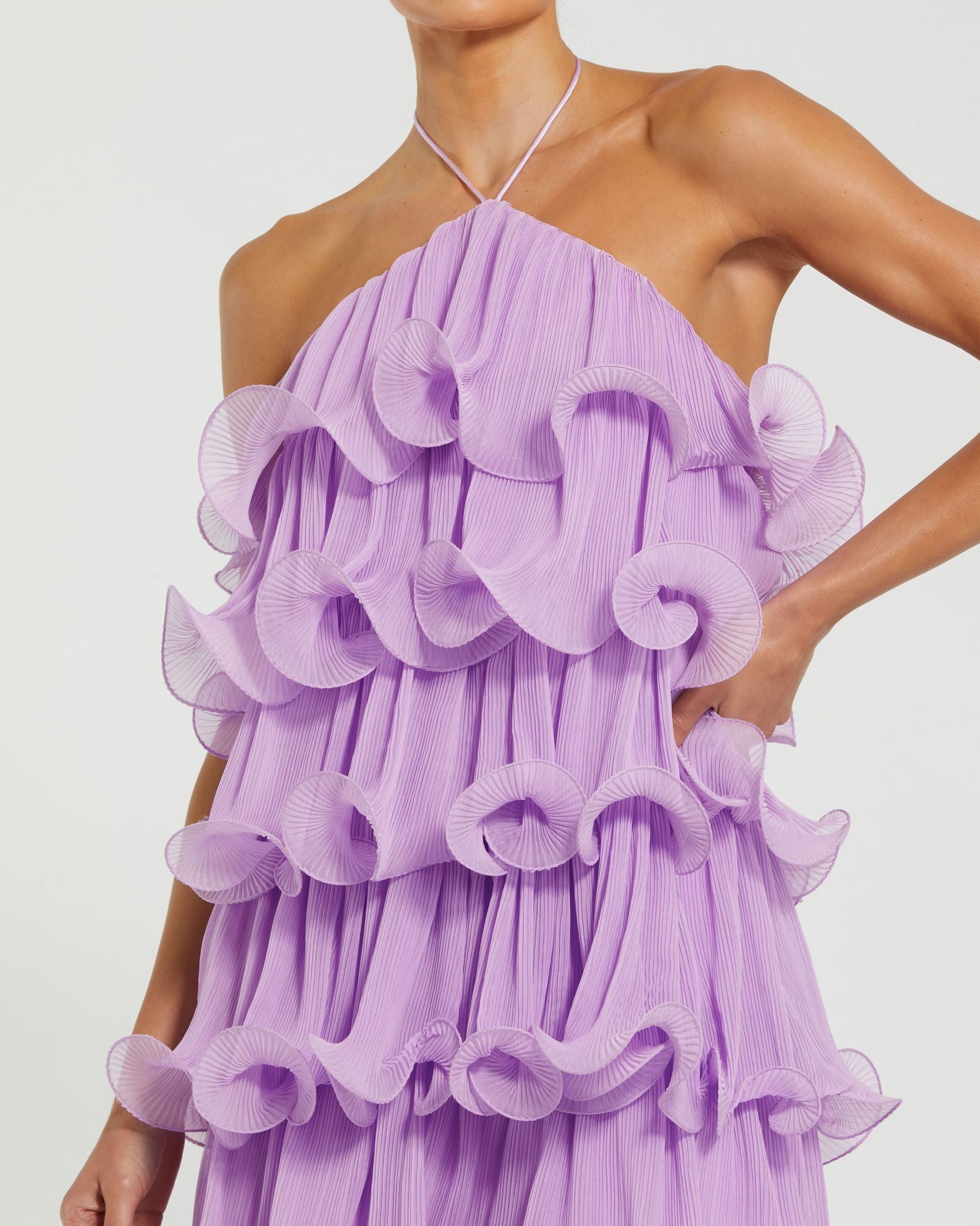 Crinkle Chiffon Tiered Ruffle Halter Mini Dress In Lilac