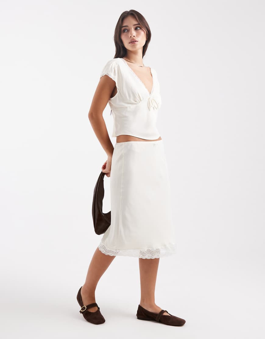 Lace trim satin co-ord midi skirt in ivory-White