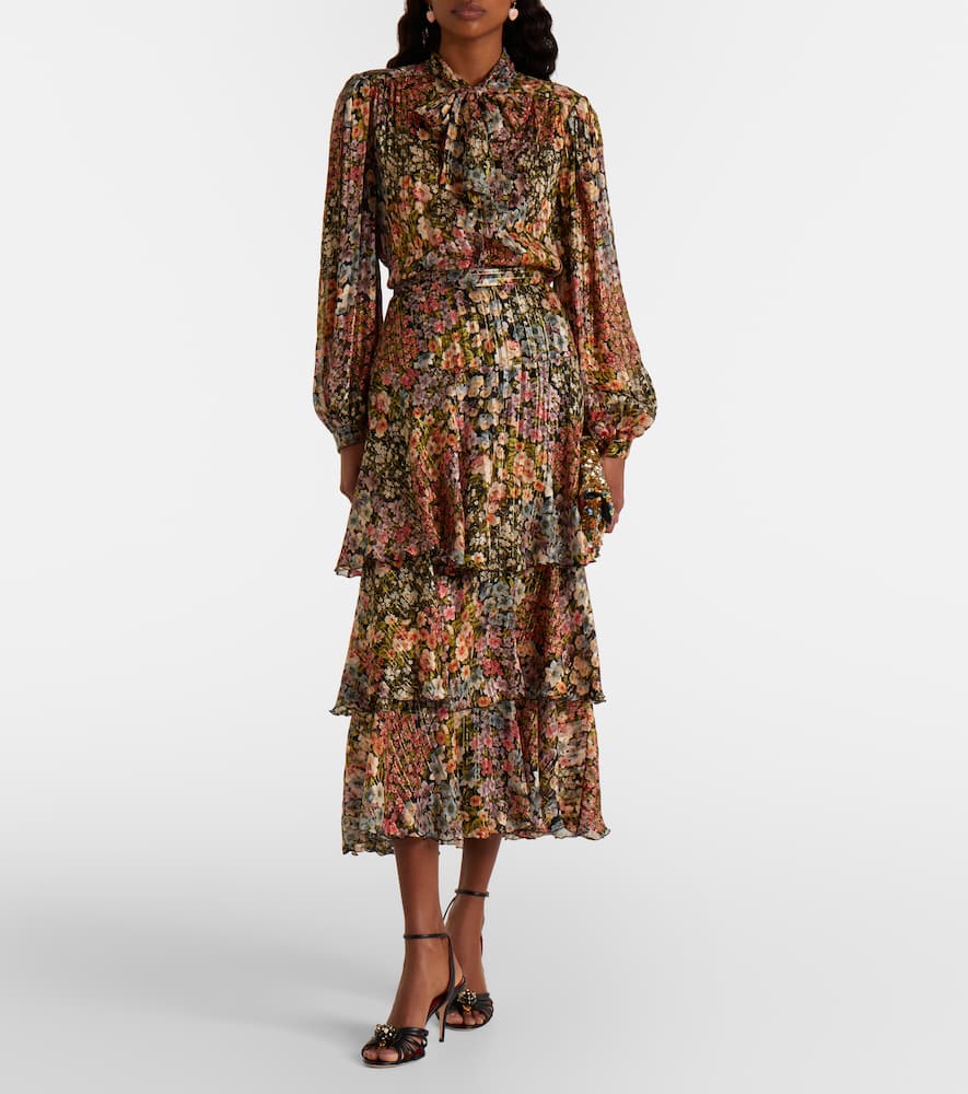 Floral plissé tiered silk maxi skirt