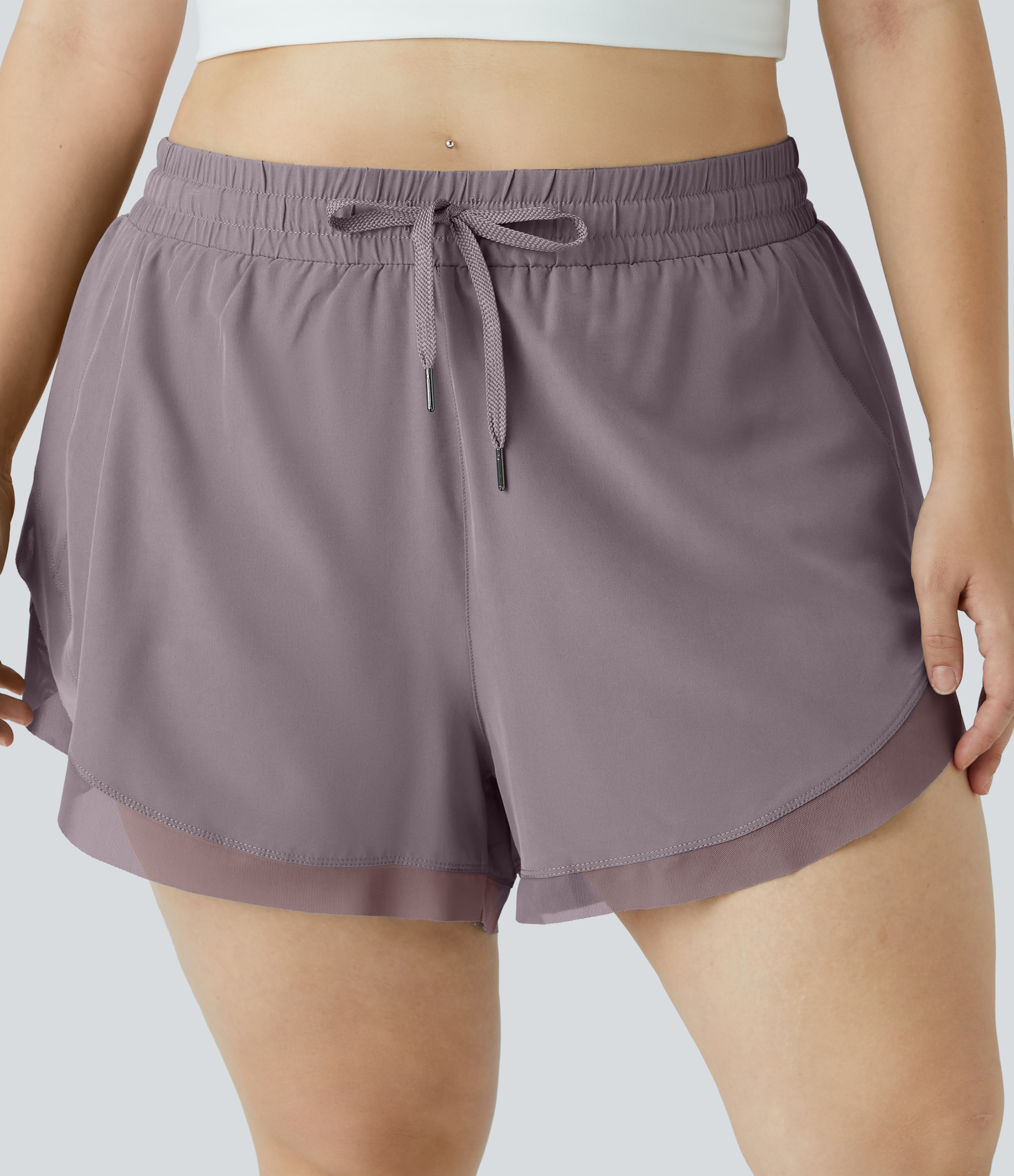"Drawstring Contrast Mesh 2-in-1 Plus Size Shorts 4"" Gym Short - Sparrow