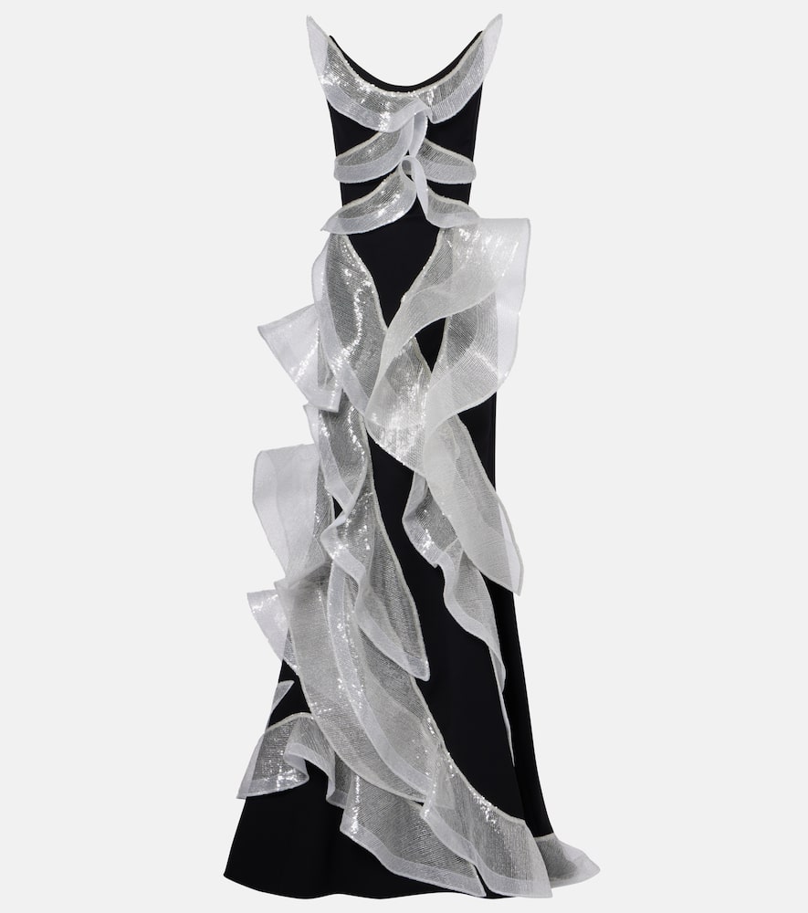 Refraction sequined ruffled gown