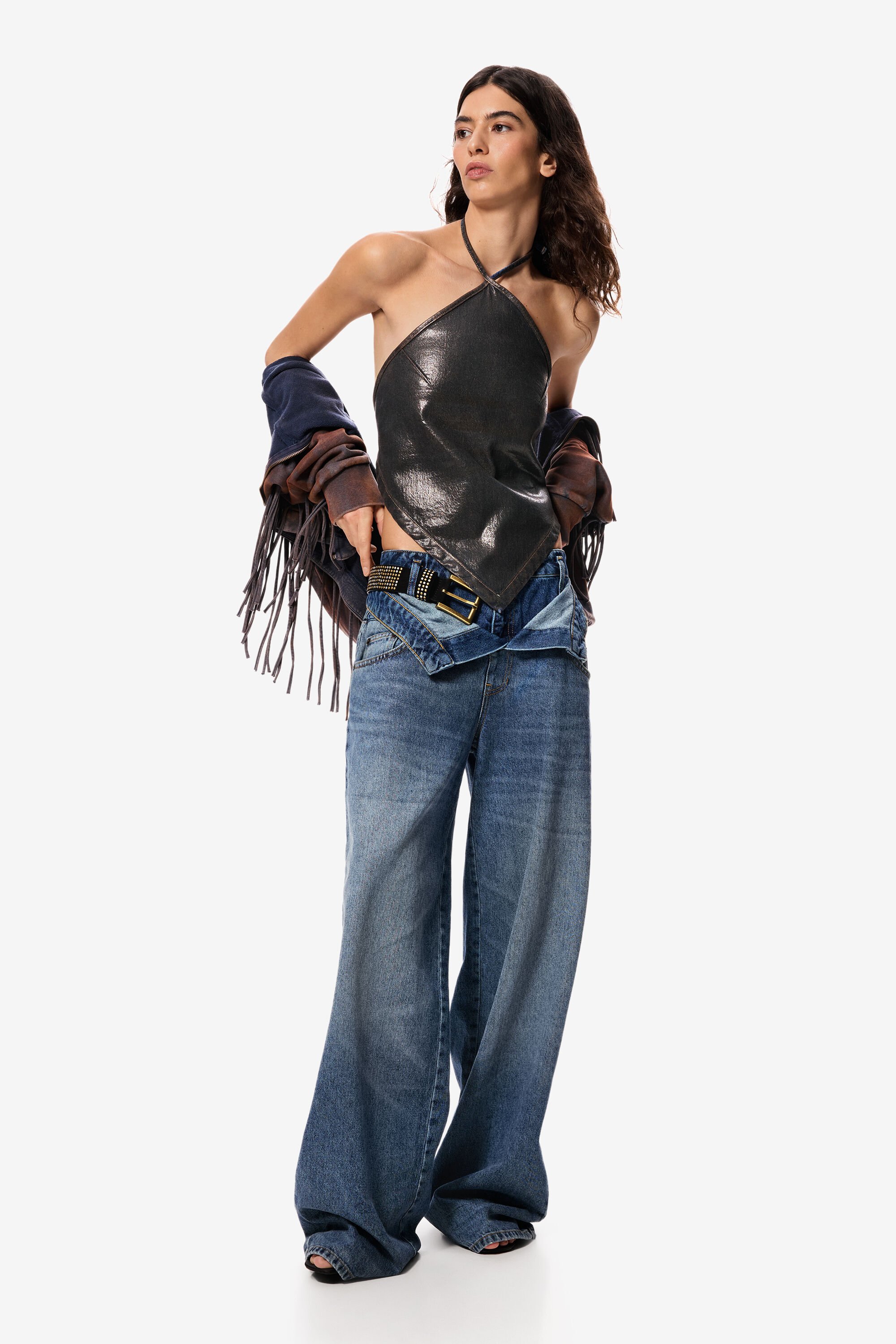 Double waistband denim trouser