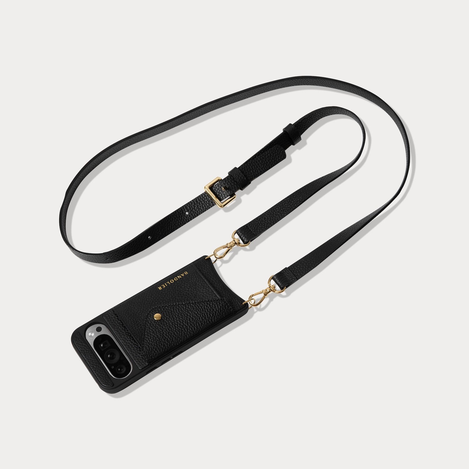 Hailey Google Pixel Side Slot Leather Crossbody Bandolier in Black/Gold | 09 / Pixel 9 Pro XL |