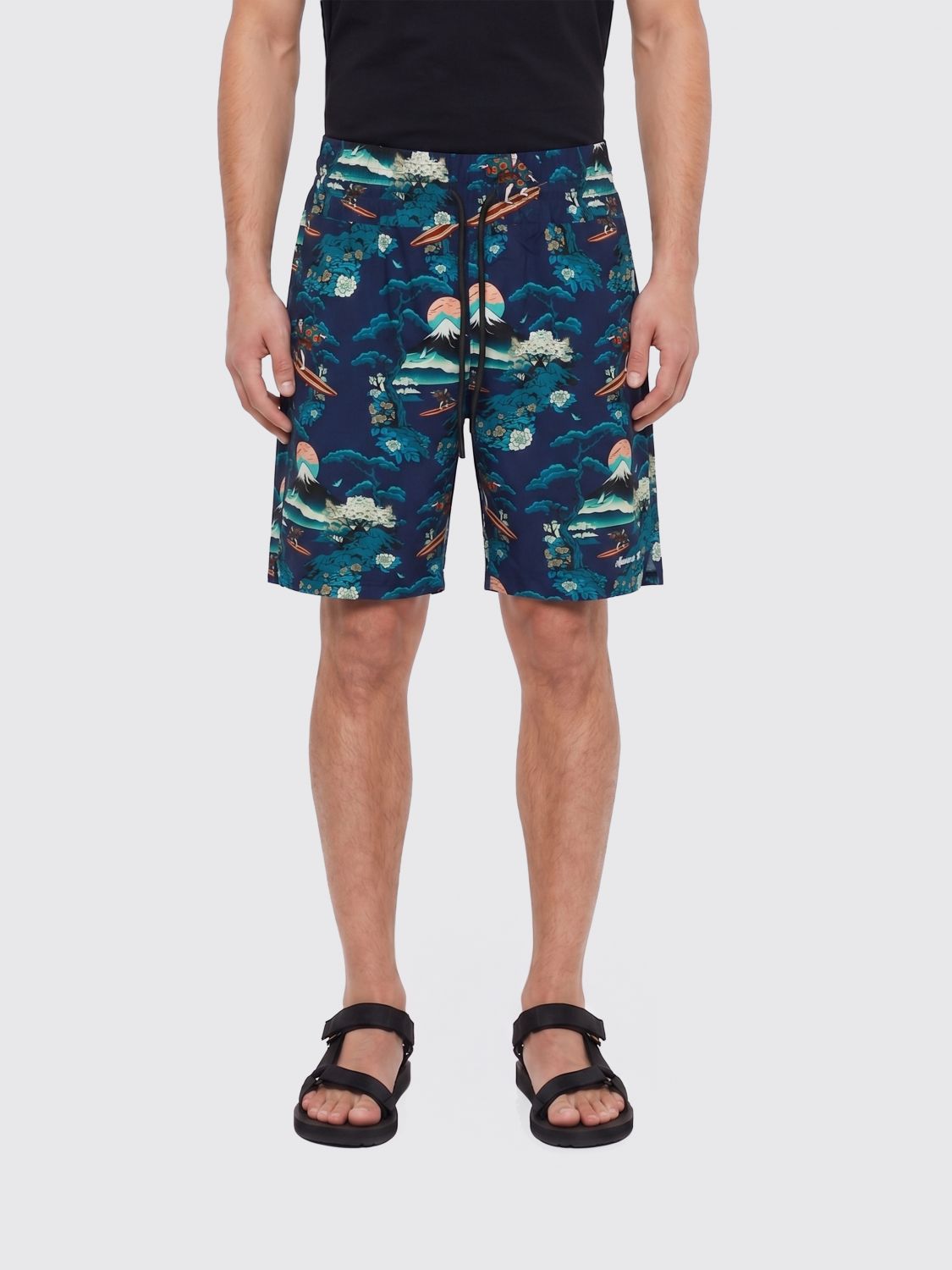 Palm tree-print drawstring track shorts - Black