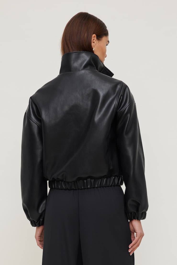 Oversized Faux Leather Bomber Jacket - Black - Women Clothing