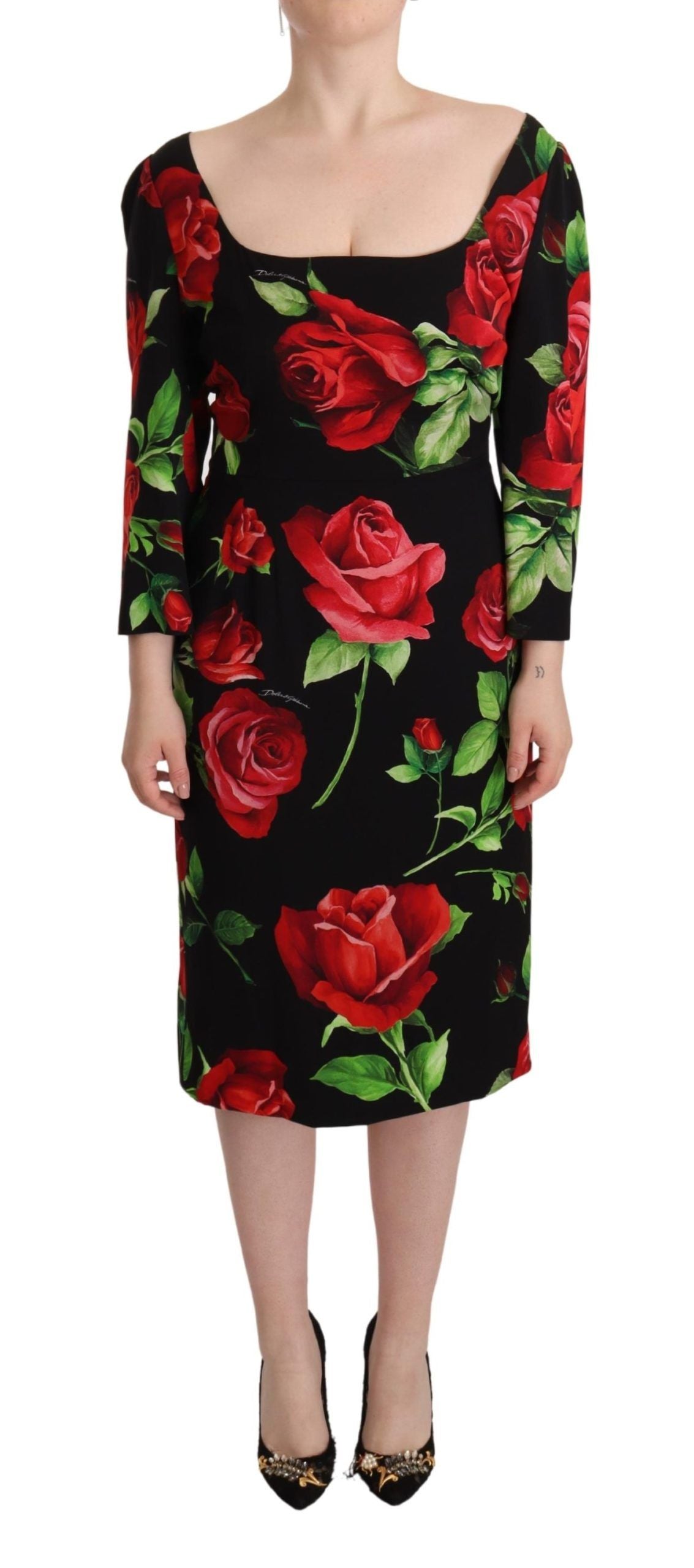 Red Rose Floral Silk Dress — Black