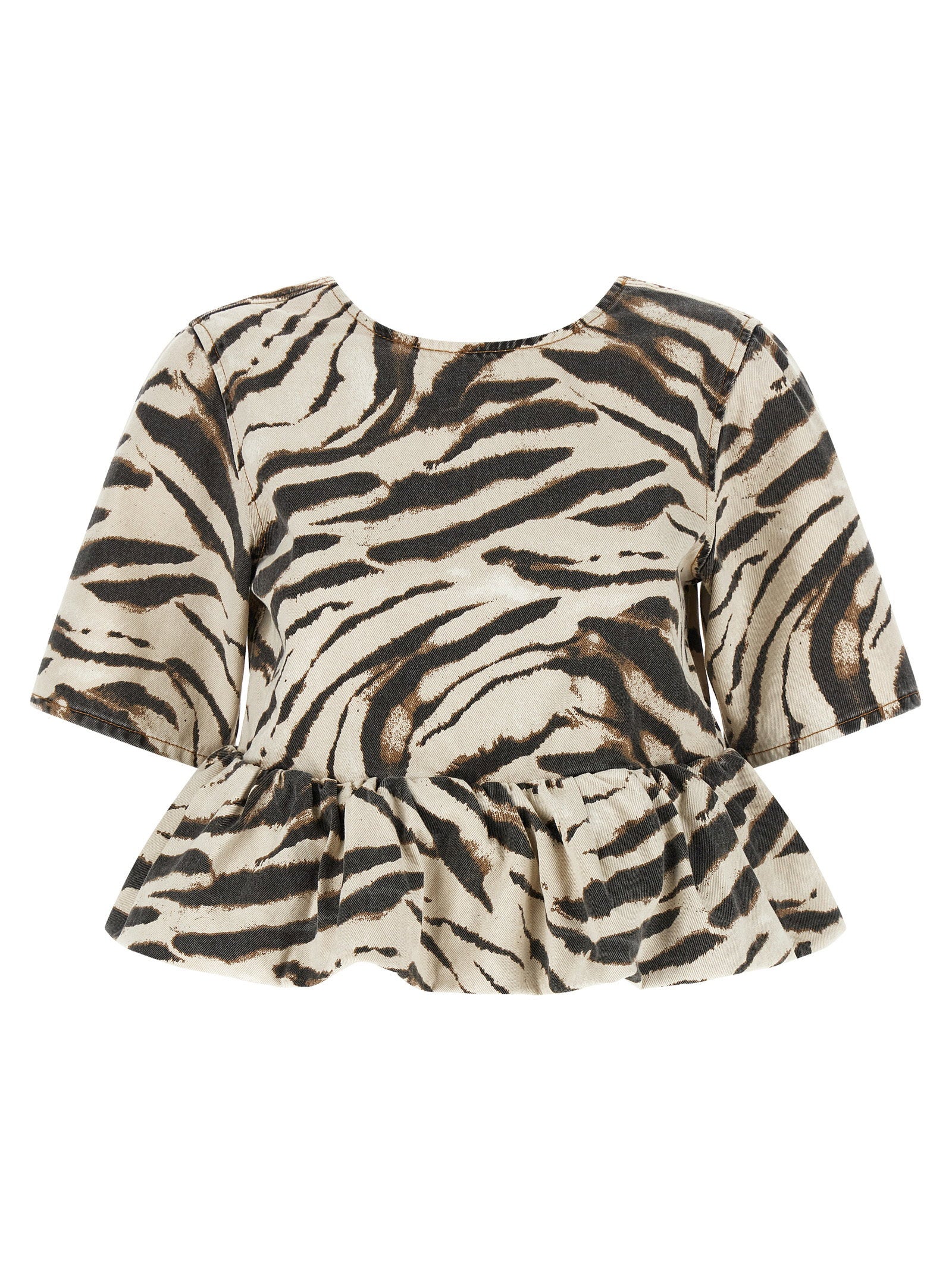 Zebra-Print Denim Blouse — Cream