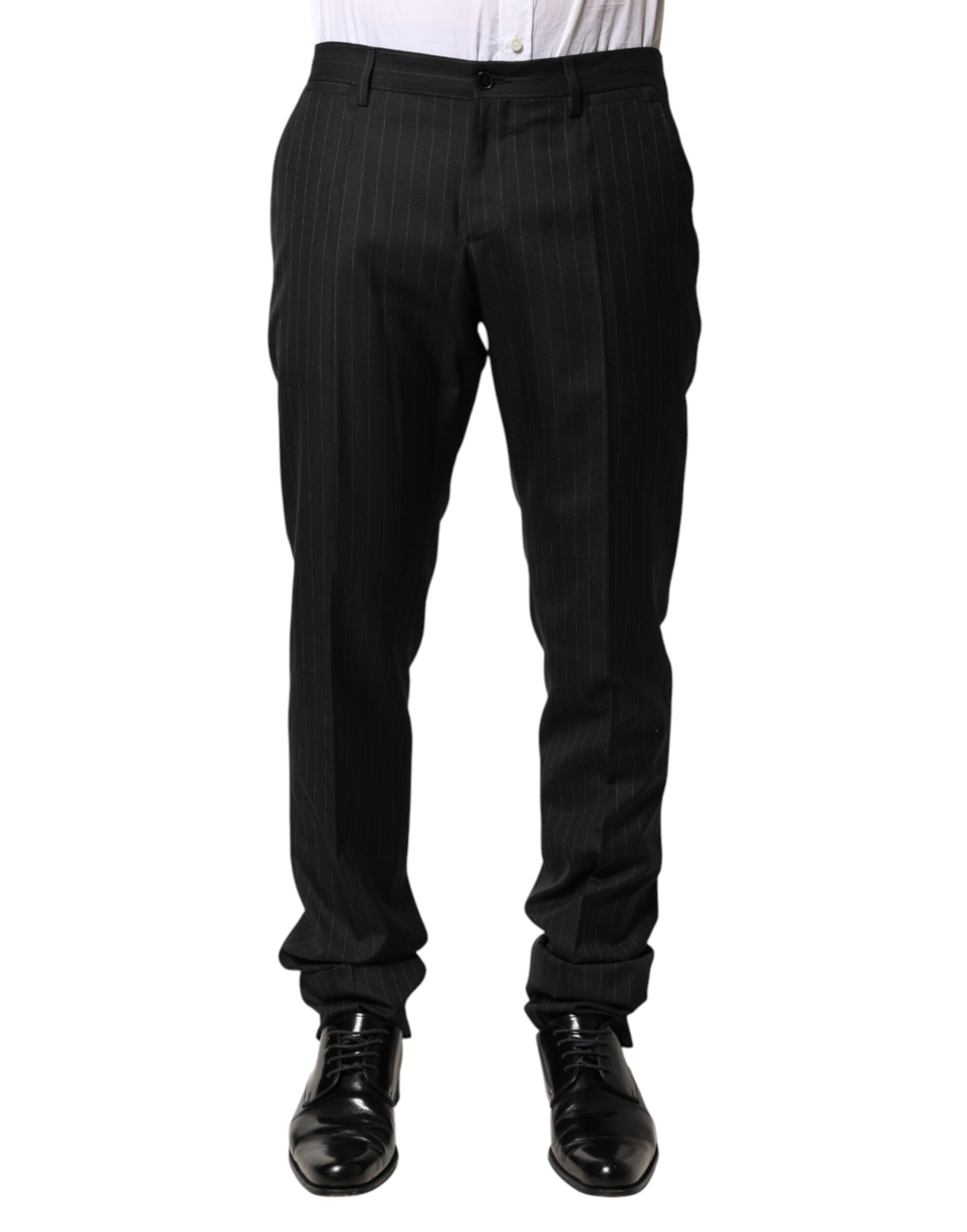 Pinstriped Wool Trousers — Black
