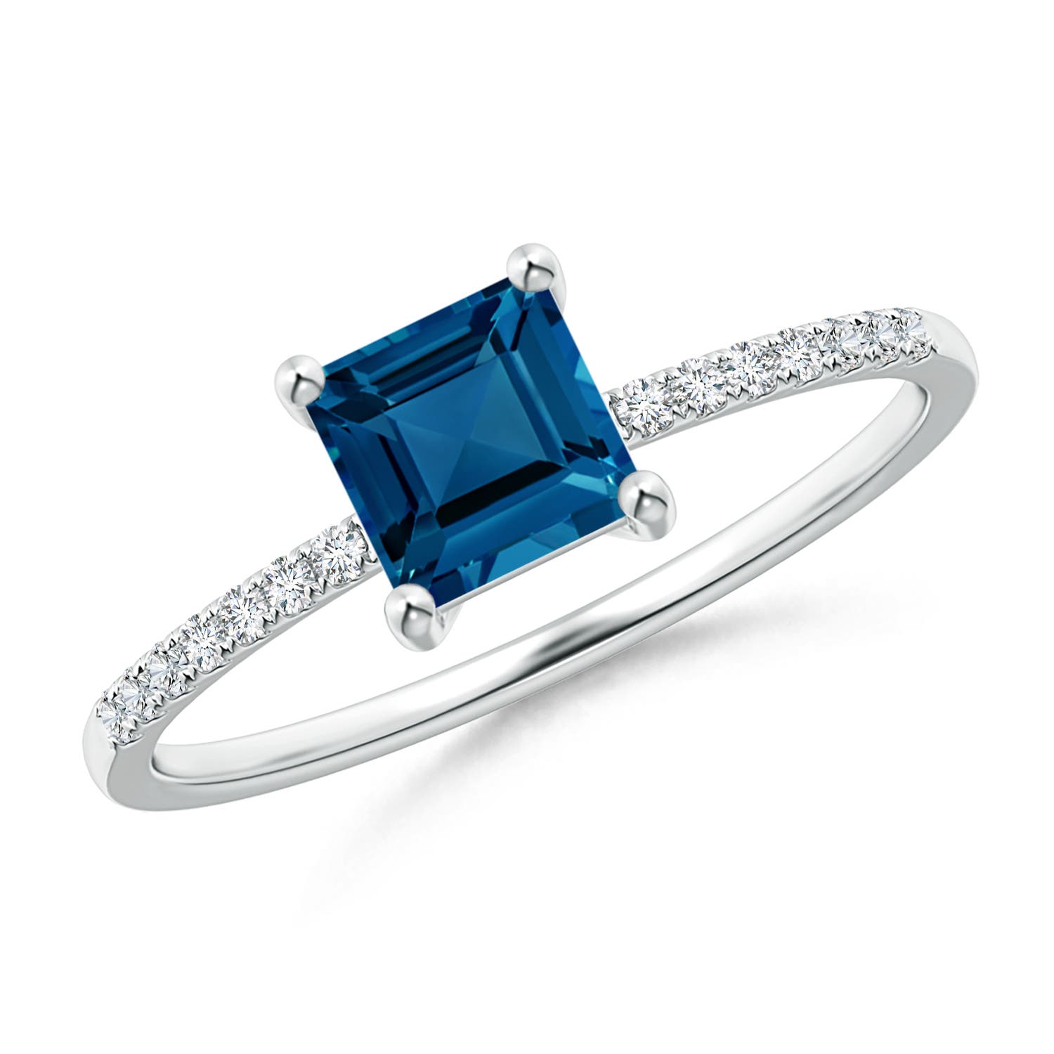 Angara 0.75 Carat Square London Blue Topaz Ring with Diamond Studded Shank in Platinum
