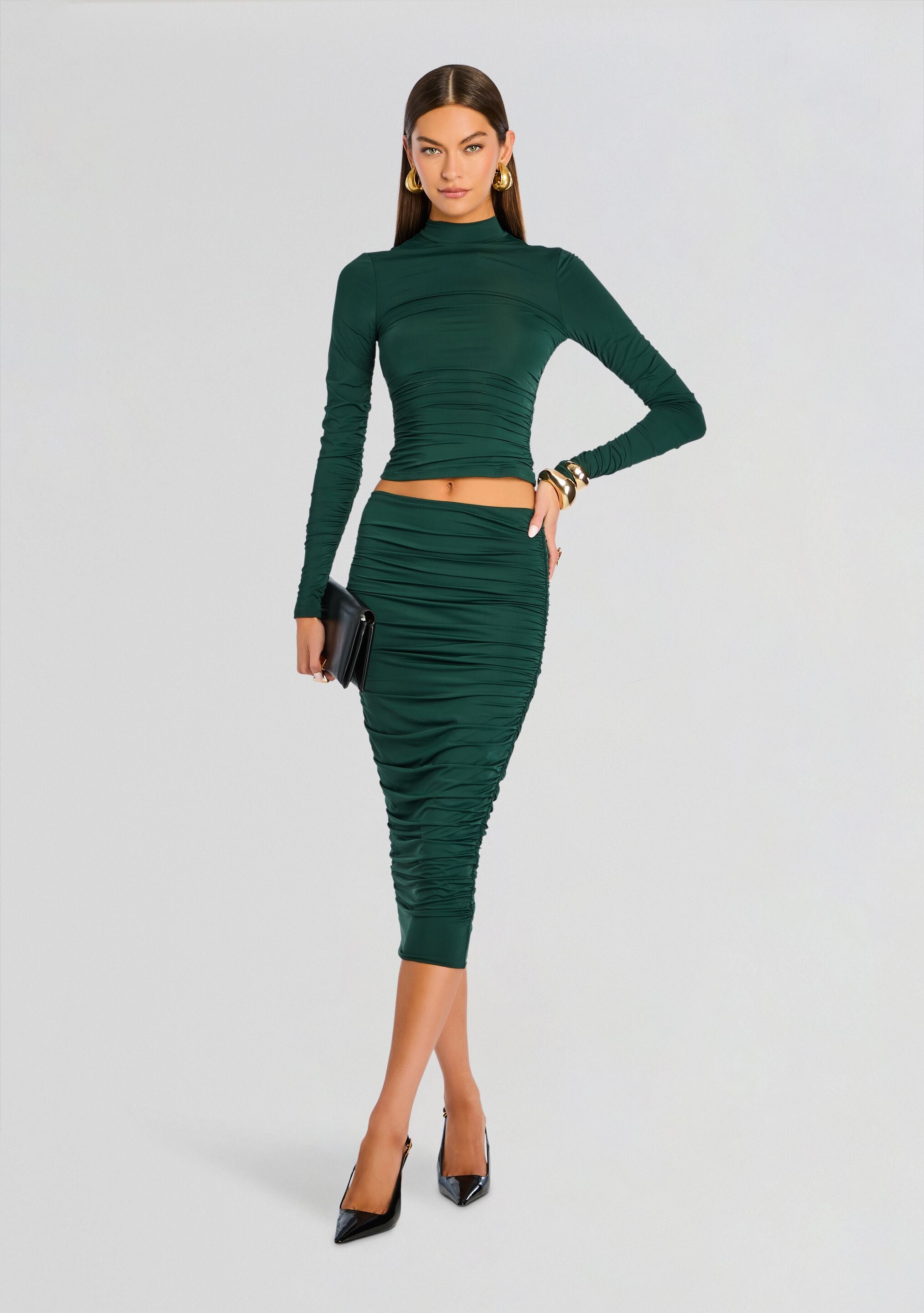 Darcy Mid Rise Ruched Midi Skirt