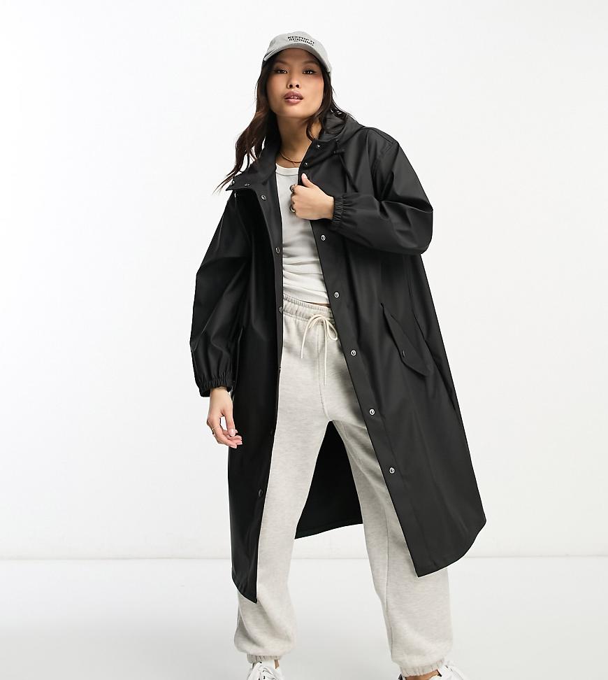 ASOS DESIGN Petite rubberized rain parka coat in black