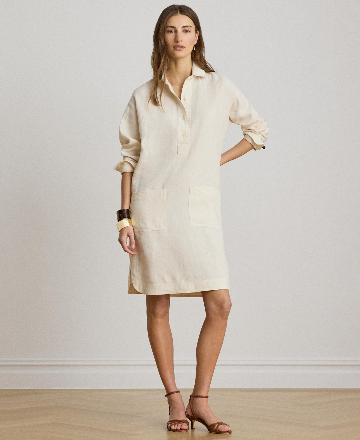 Women's Linen Spread Collar Long Sleeve Shirt Dress - Mascarpone Cream