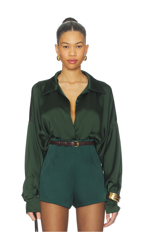 Norma Kamali Super Oversized Boyfriend Shirt Bodysuit in Dark Green. - XXS also in