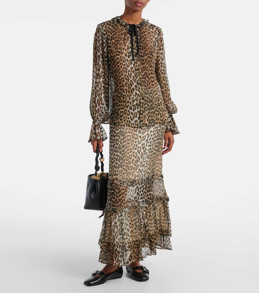 Leopard-print tie-neck chiffon blouse