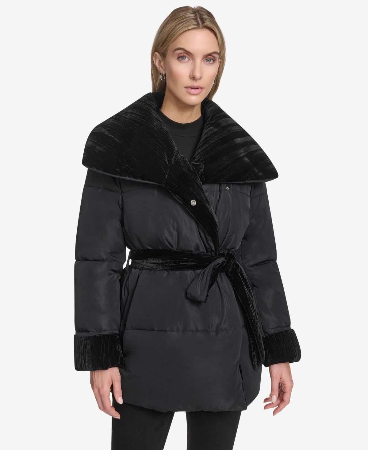 Women's Emerson Mixed Media Belted Wrap Coat - Black