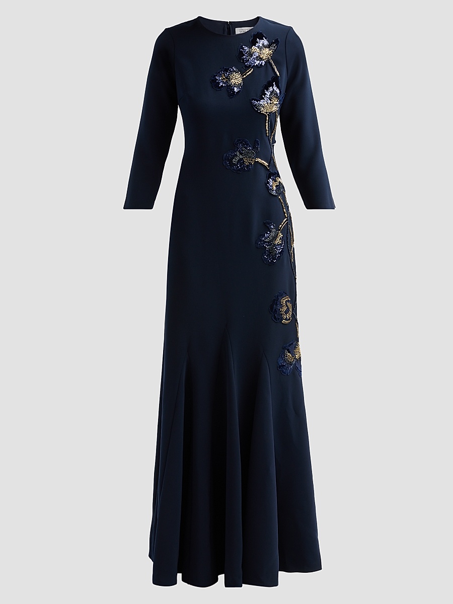 Women's Embellished Godet Crepe Gown - Navy Multi