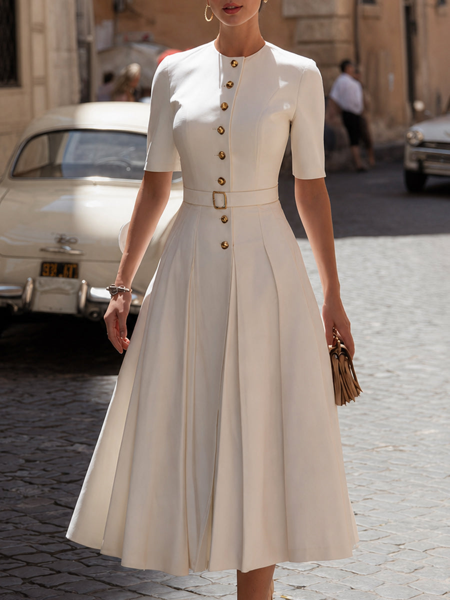 Vintage-Inspired Crepe Midi Dress With Button Front & Belted Waist - White