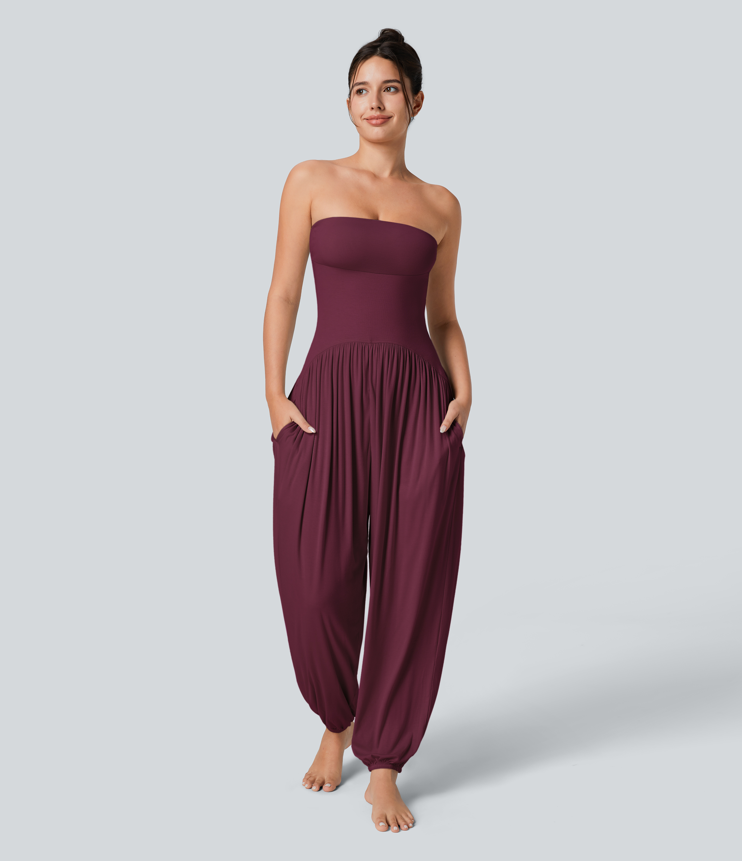 Ribbed Tube Backless Side Pocket Casual Jumpsuit  - Maroon Banner