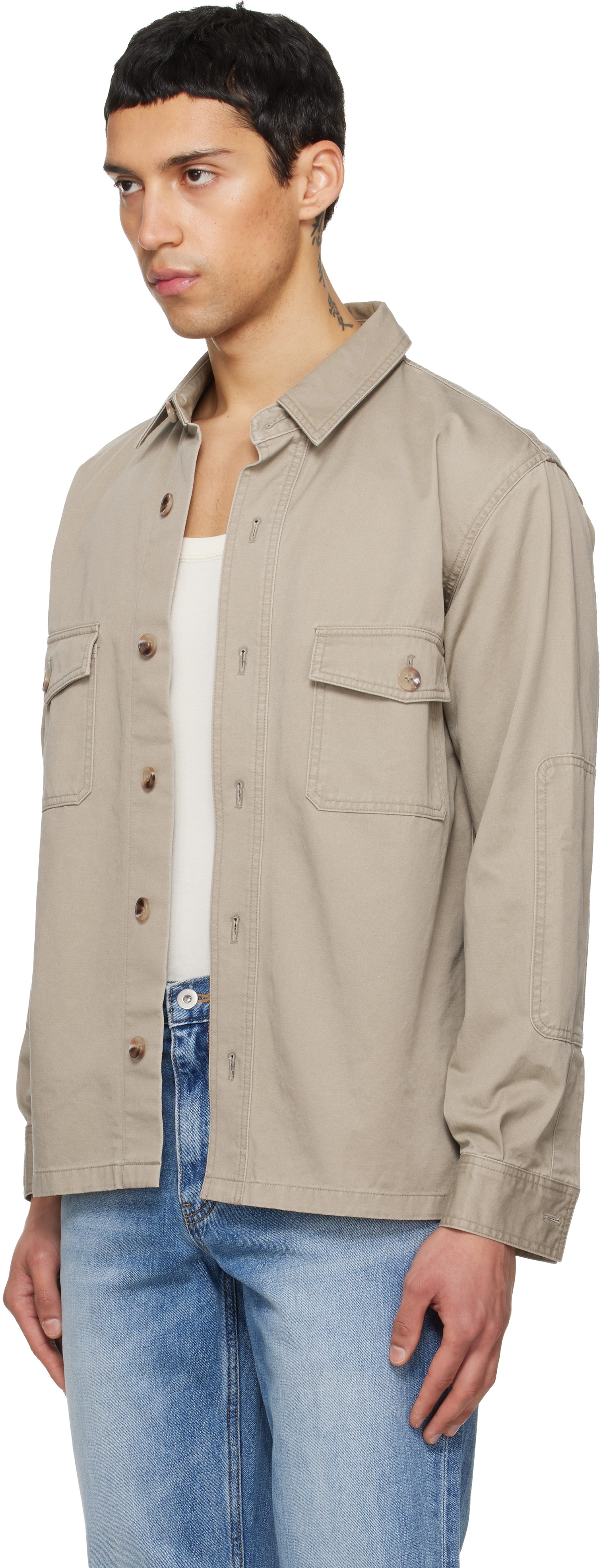 Beige Washed Cotton Twill Overshirt