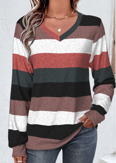 Modlily Multi Color Patchwork Striped Long Sleeve V Neck Sweatshirt