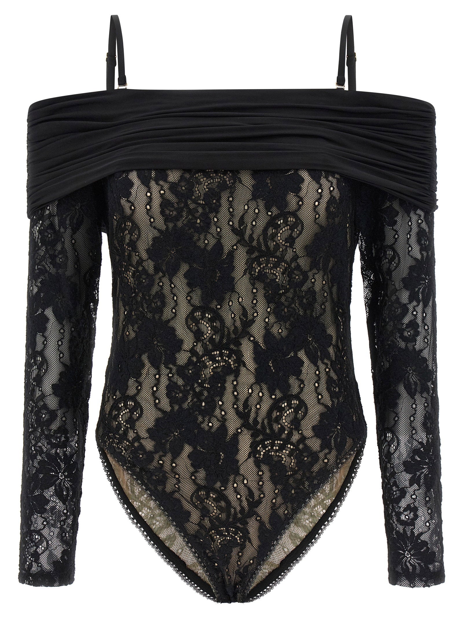 Stretch Lace Off-Shoulder Bodysuit — Black