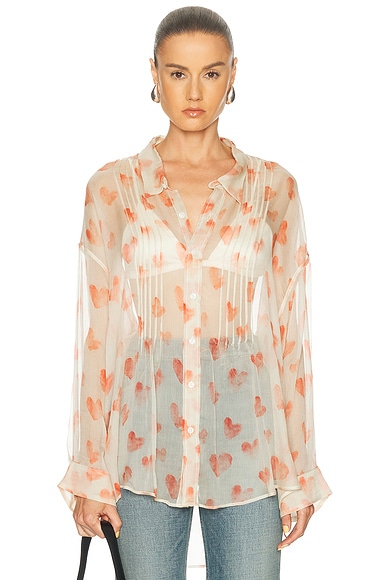 R13 Pintuck Drop Neck Shirt in Red Hearts On Cream - Cream,Orange. L also in M