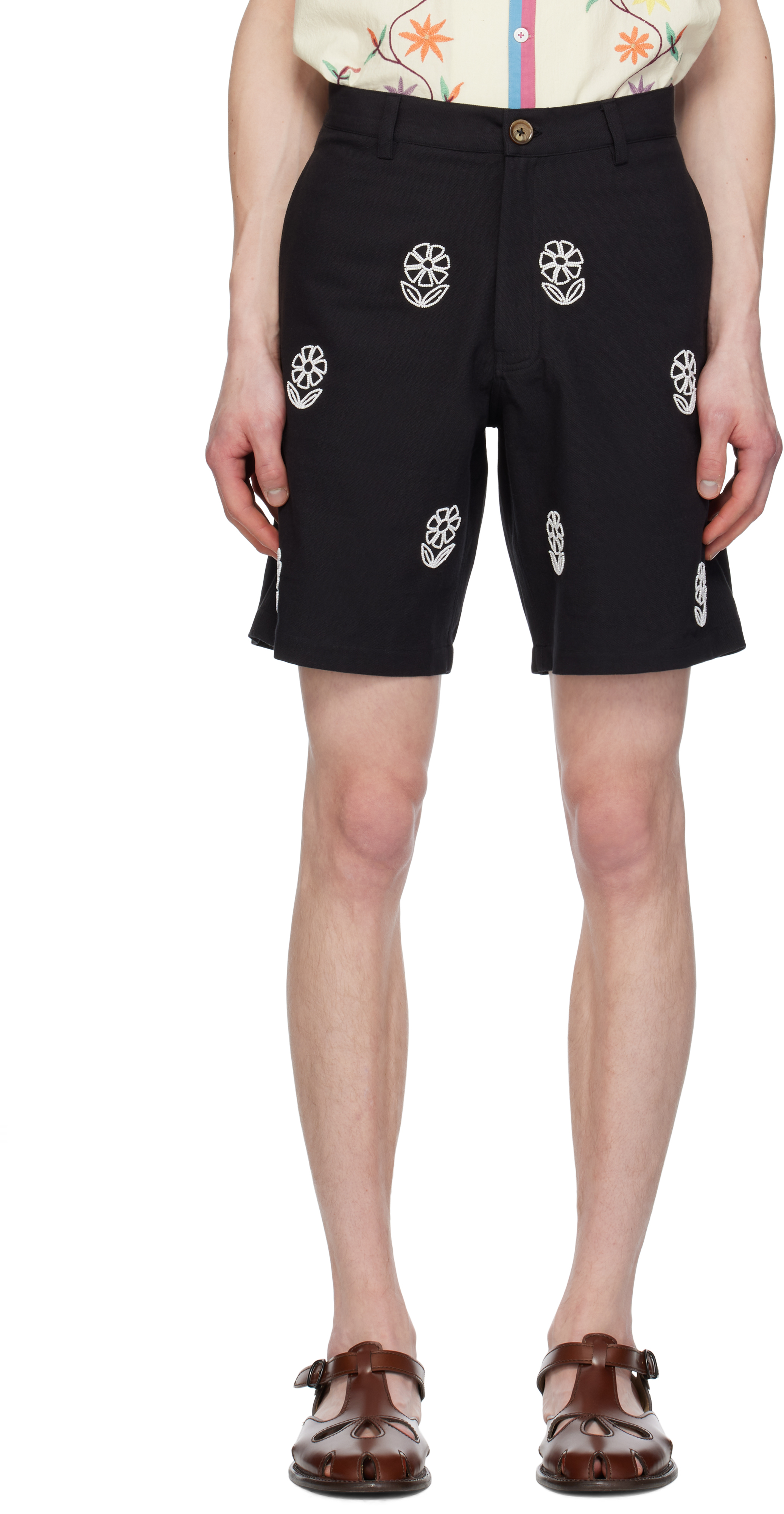 HARAGO Black Beadwork Embroidered Long Shorts