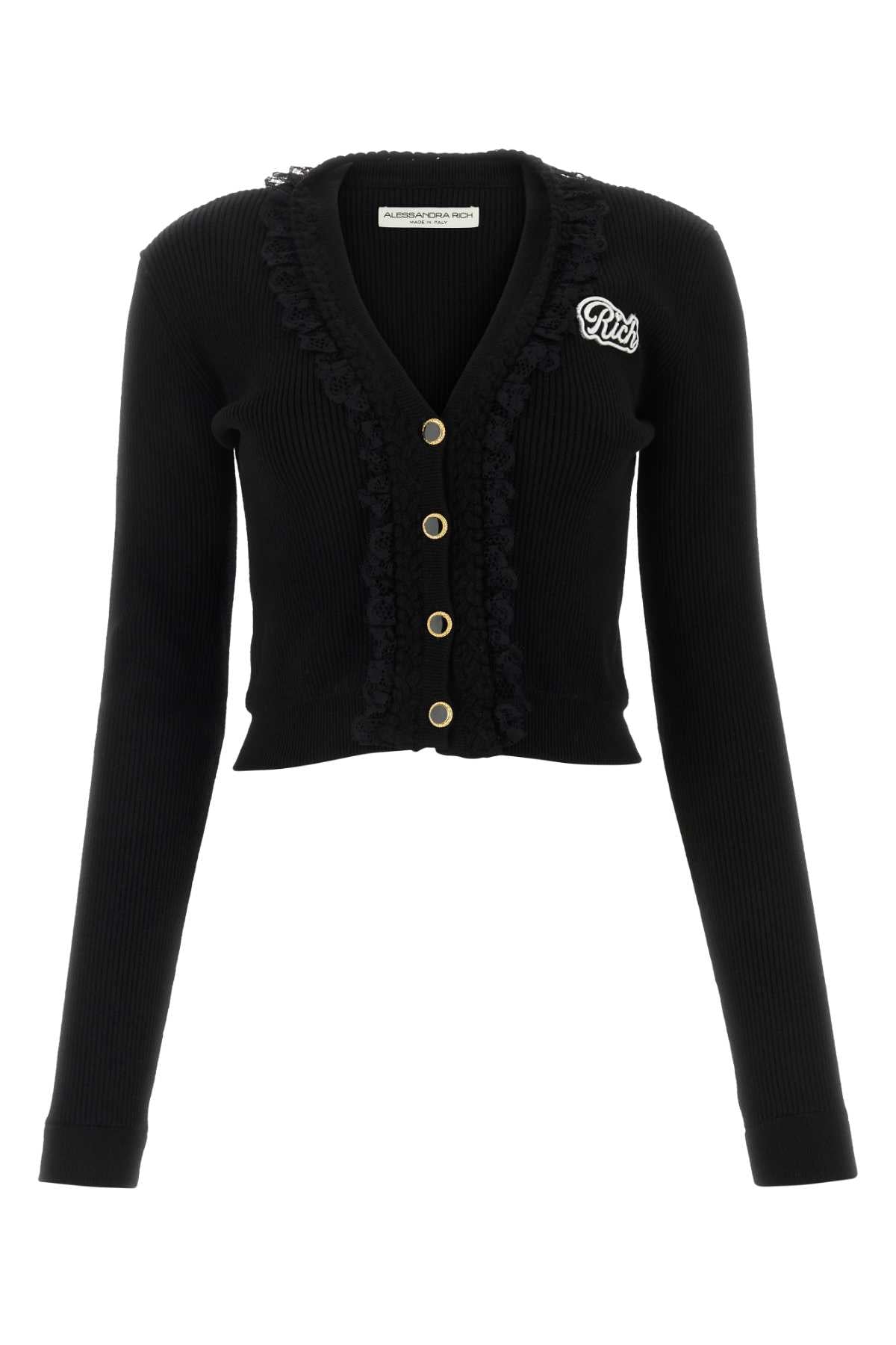Lace-Trimmed Ribbed Knit Cardigan — Black