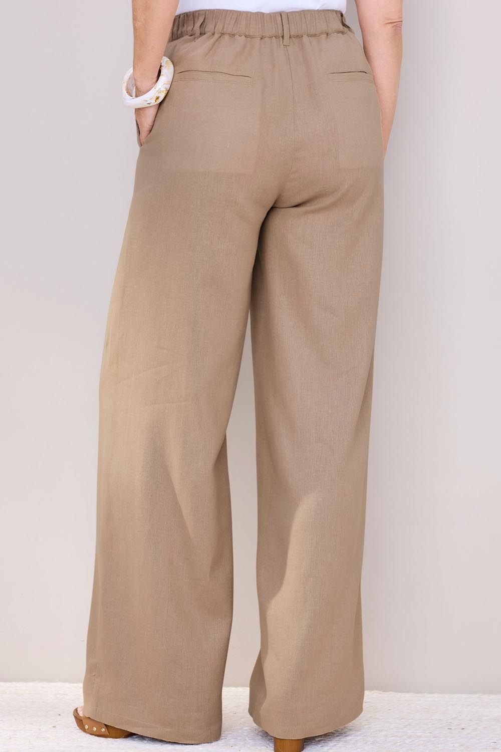Cotton Traders Linen Blend Wide Leg Trousers 27" 68. Inside Leg In Medium Beige