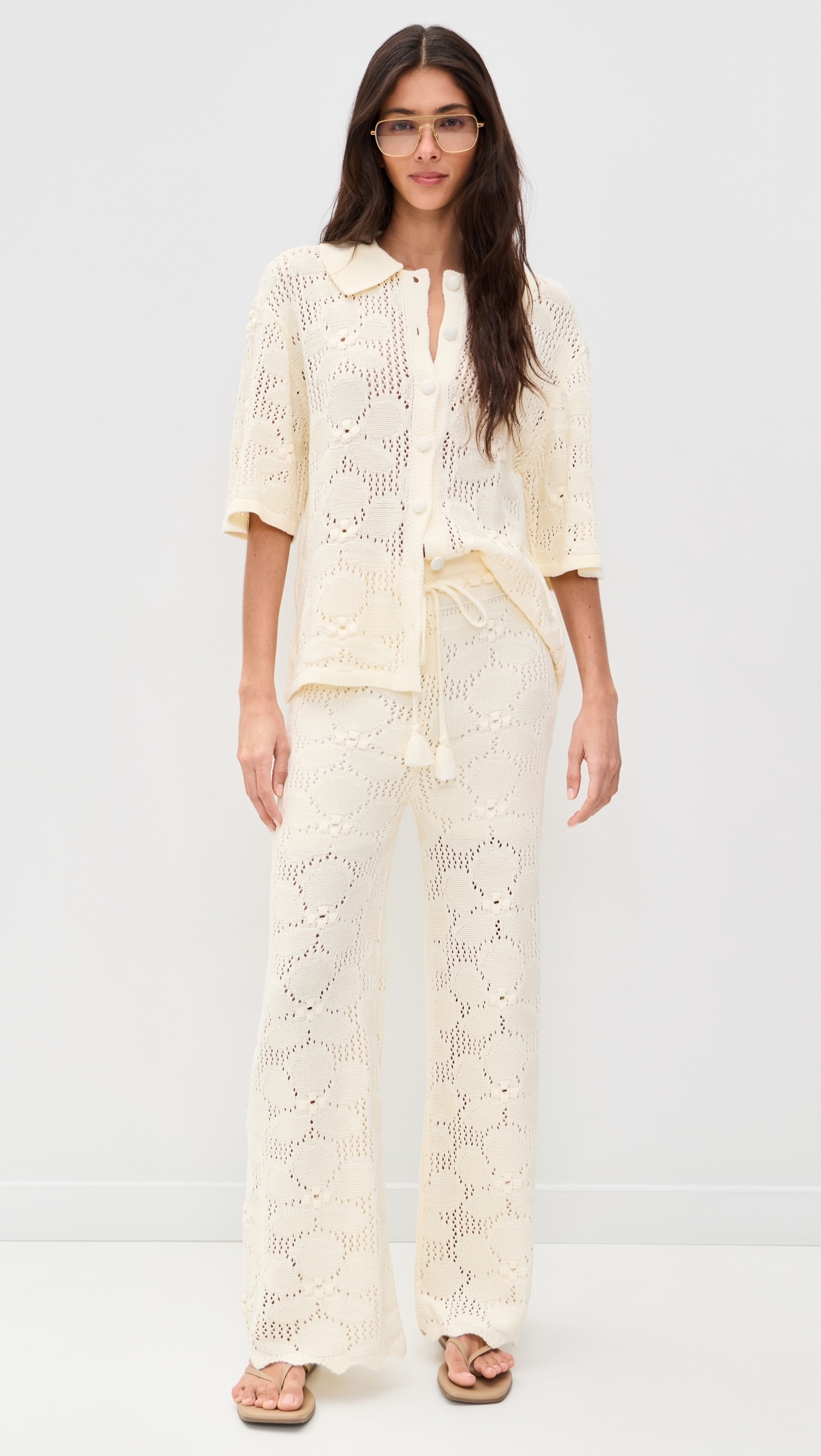 Floral Crochet Pants Beige