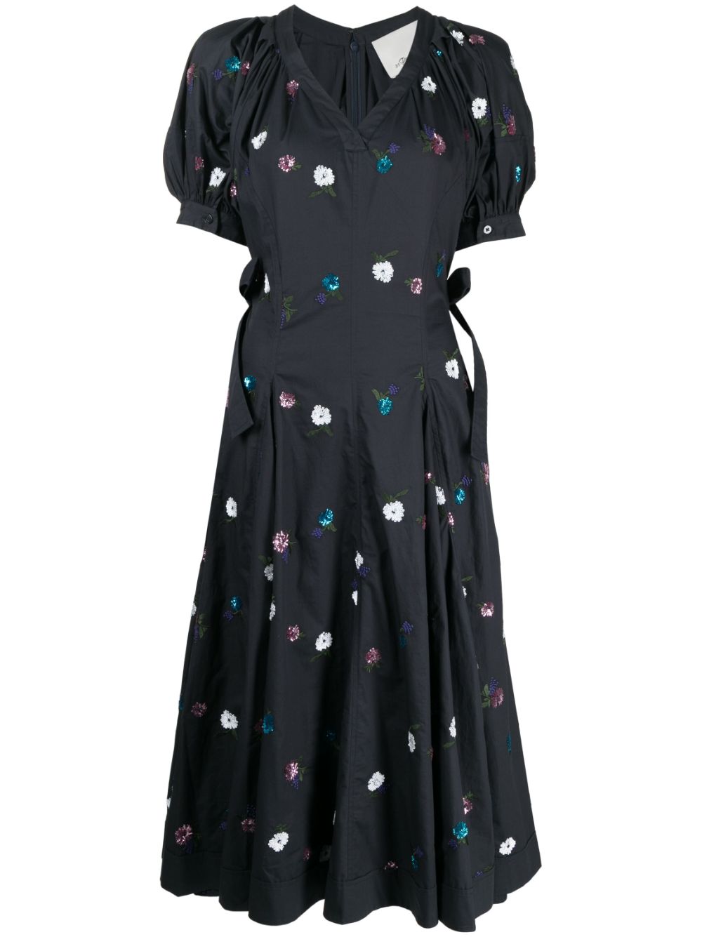 Floral-embroidered puff-sleeved dress - White