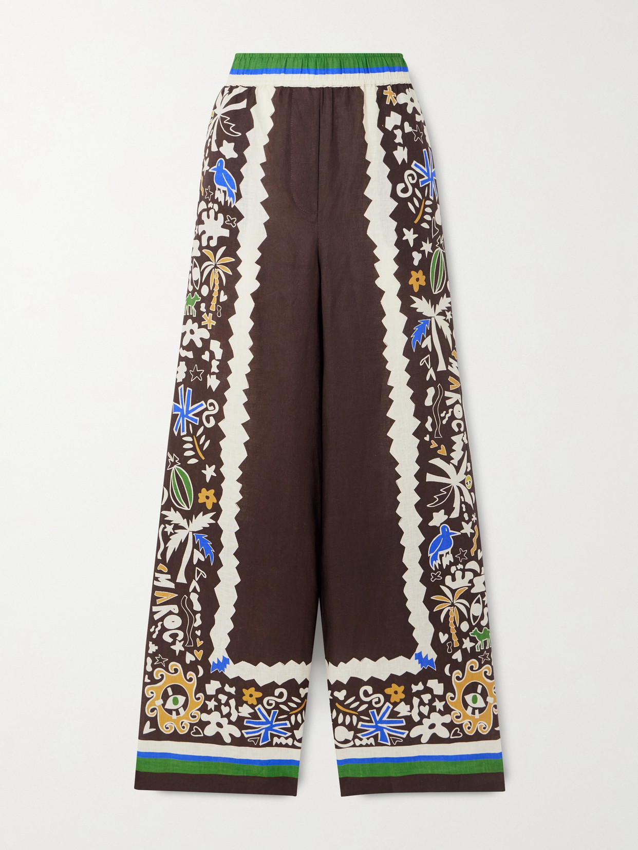 Printed Linen Wide-leg Pants - Brown