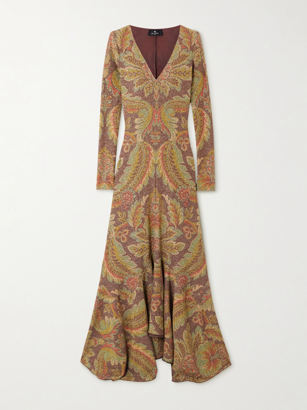 Asymmetric Paisley-print Metallic Cloqué Midi Dress - Brown