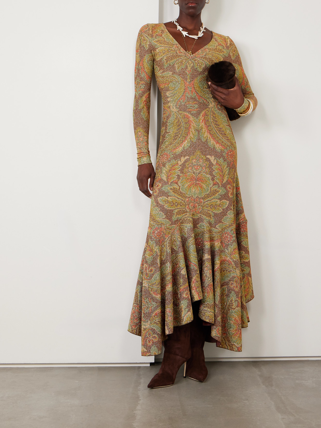 Asymmetric Paisley-print Metallic Cloqué Midi Dress - Brown